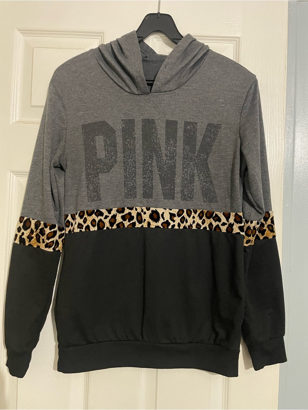 PINK Victoria's Secret Gray & Black Hooded Sweatshirt with Leopard Trim